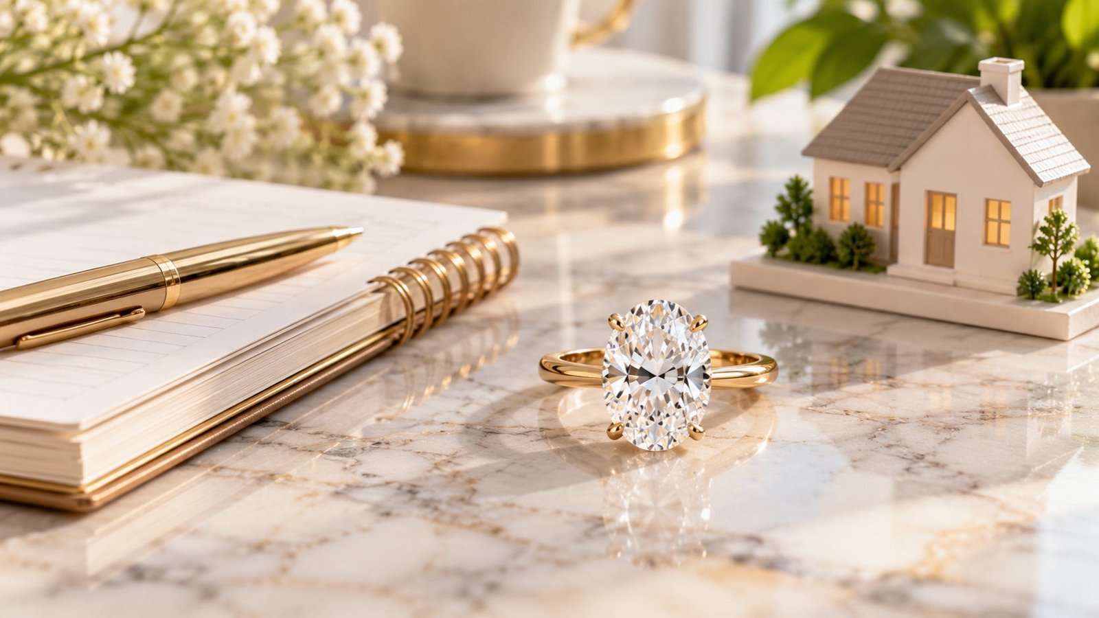 Lab grown diamond ring beside a small model house showing smarter budget choices