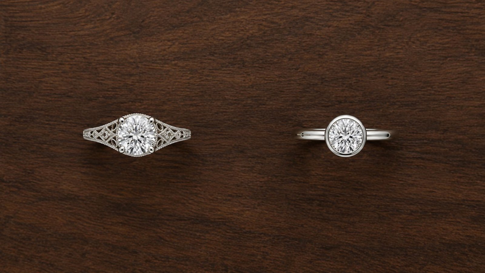 Lab grown diamond settings compared for durability between a detailed vintage style and a smooth bezel style