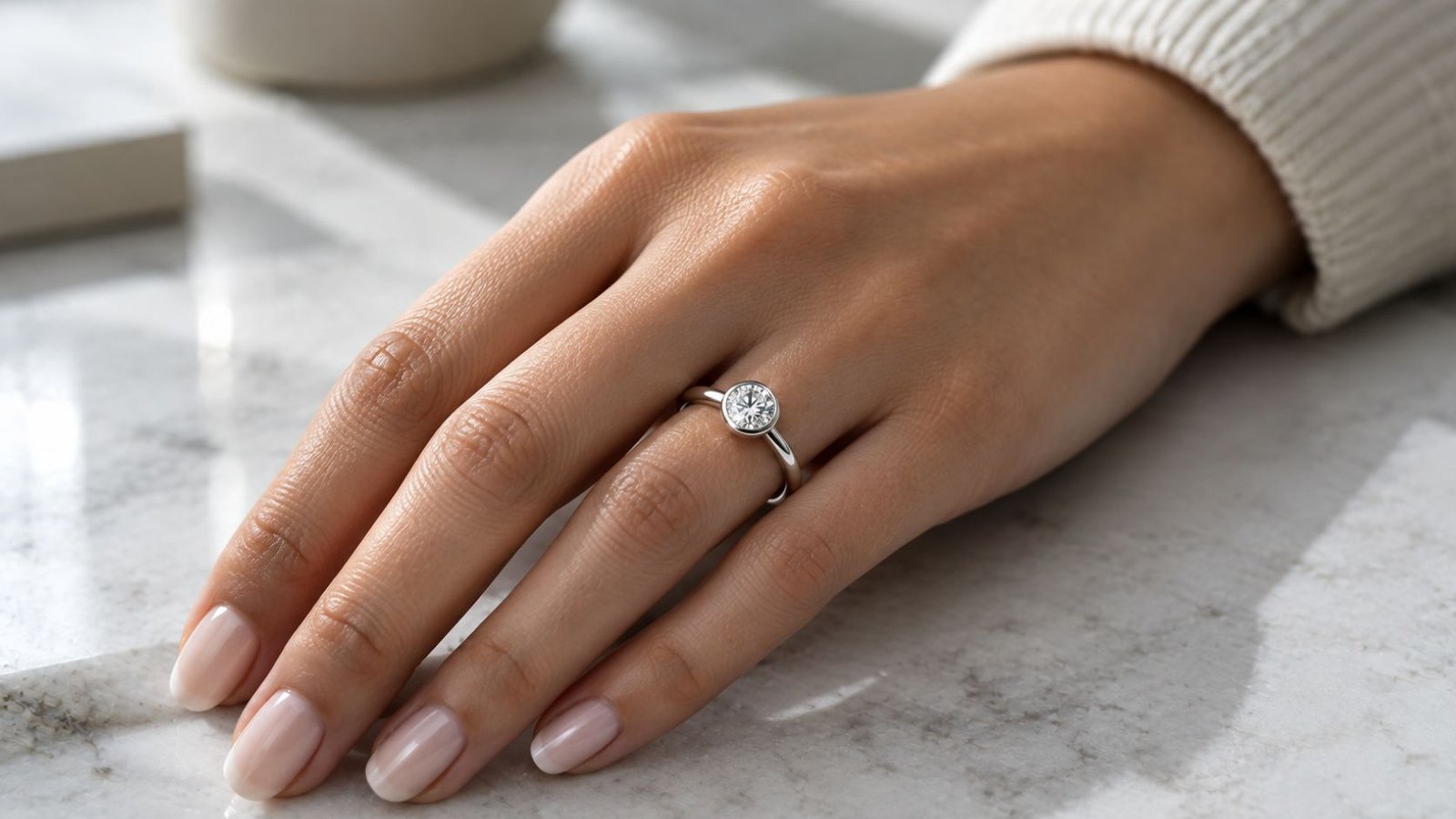 Lab grown diamond settings shown through a modern bezel-set ring worn naturally on the hand