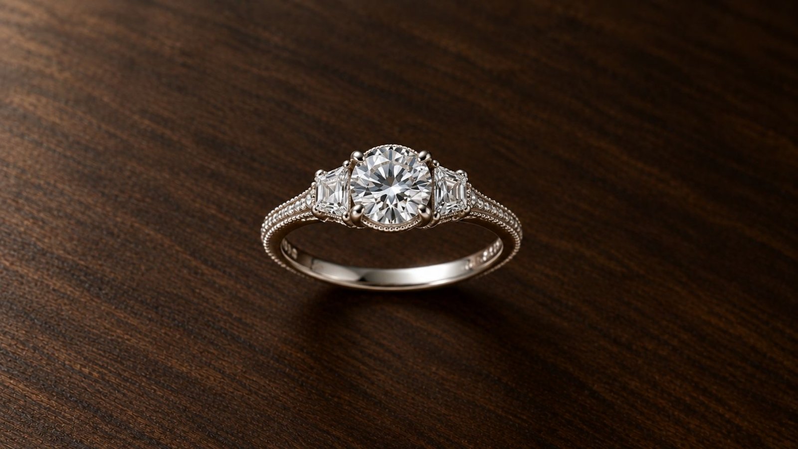 Lab grown diamond settings in a vintage-inspired three-stone ring with milgrain edging