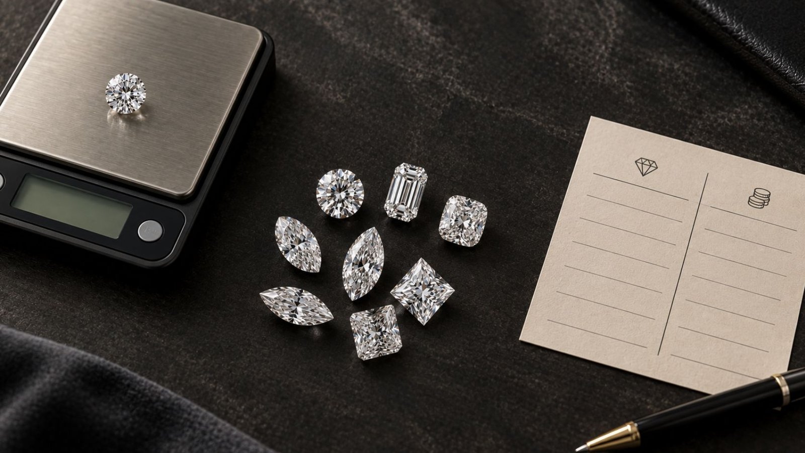 Lab grown diamond shapes for engagement rings weighed and compared for carat size and price efficiency