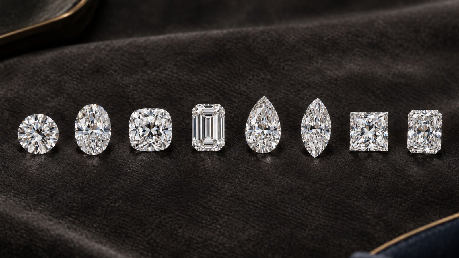 Lab grown diamond shapes for engagement rings shown side by side including round, oval, cushion, and emerald cuts