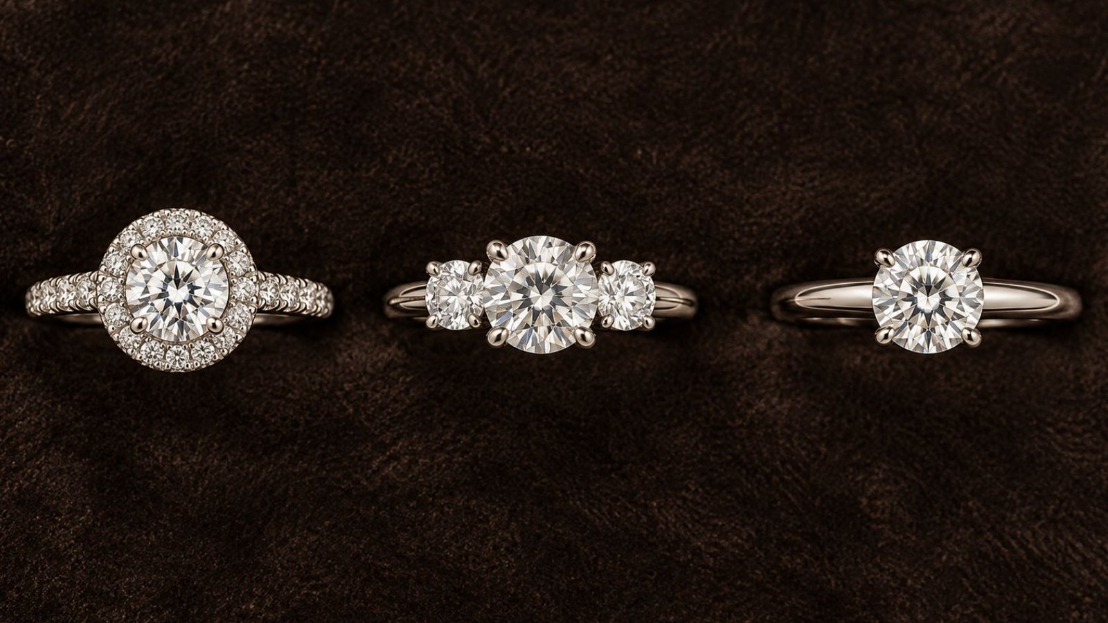 Lab grown diamond shapes for engagement rings displayed in halo, three-stone, and solitaire settings