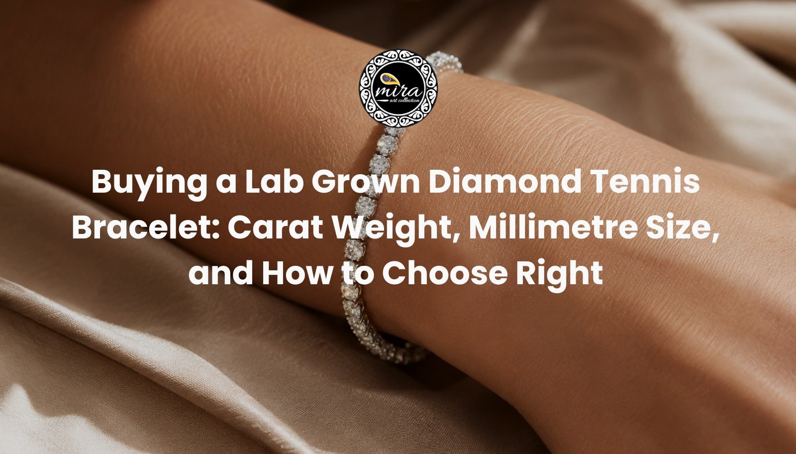 Lab grown diamond tennis bracelet worn on a wrist showing carat weight and mm size in a continuous line of stones