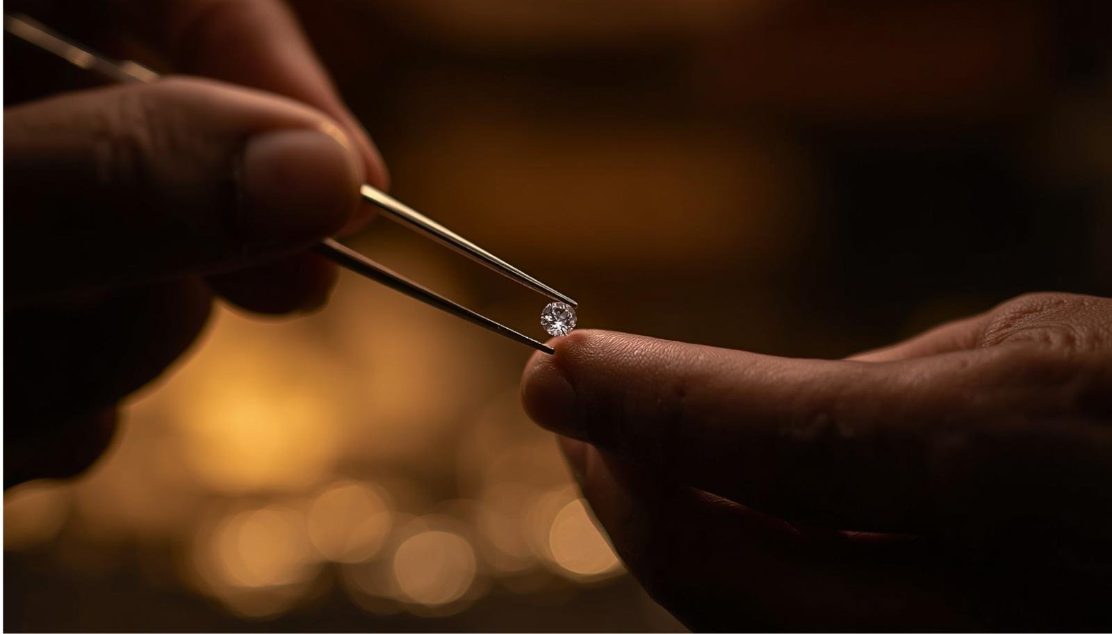 Jeweller holding a certified lab grown diamond with tweezers – Mira Art Collection