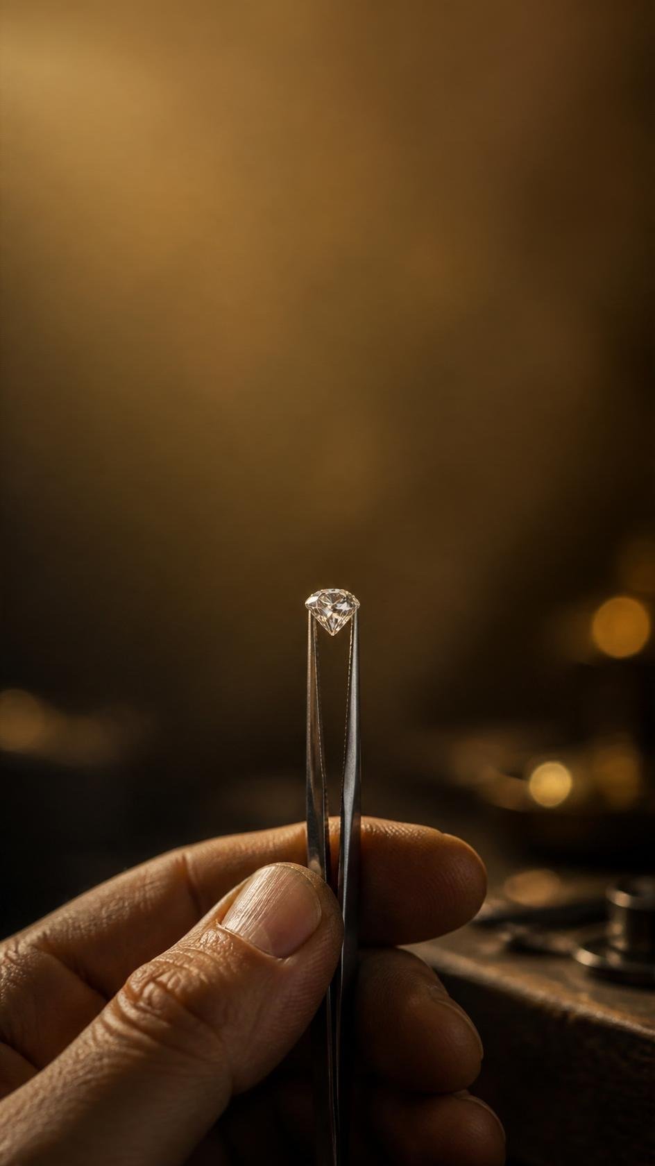 Jeweller holding a certified lab grown diamond with tweezers – Mira Art Collection mobile view