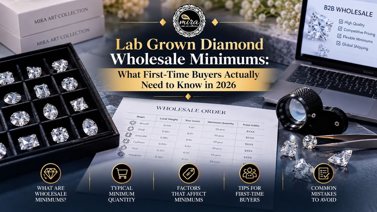 Lab-grown diamonds arranged in a black jewellery tray beside a wholesale order sheet, laptop, jeweller’s loupe, and diamond tweezers, with gold-accented graphics highlighting minimum order quantities, pricing factors, and tips for first-time buyers in Mira Art Collection’s 2026 wholesale guide