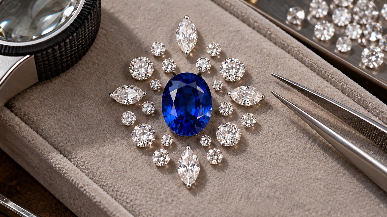Lab grown diamonds arranged as accent stones around a colored gemstone