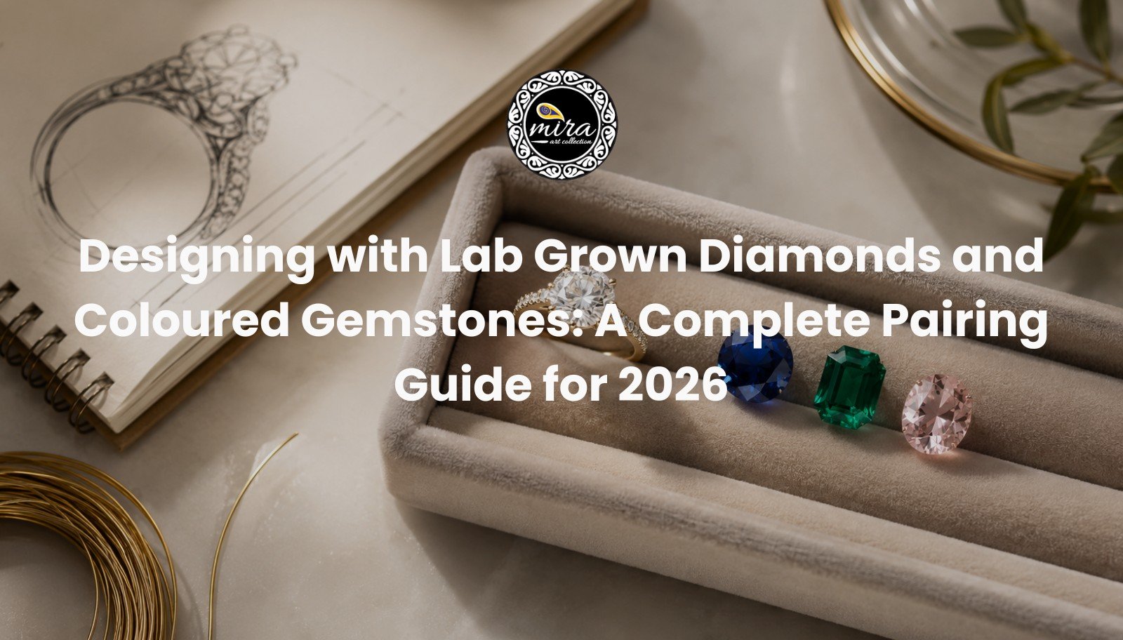 Lab grown diamonds and coloured gemstones arranged together on a designer's workbench