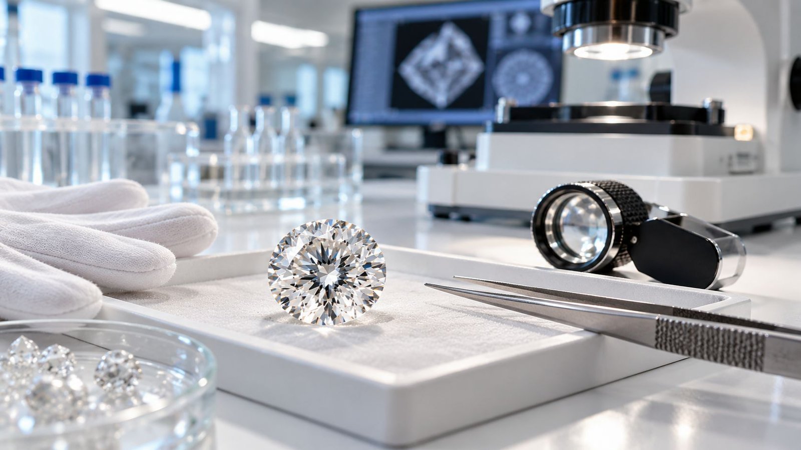 Lab grown diamond on a clean laboratory tray representing conflict-free diamonds without mining