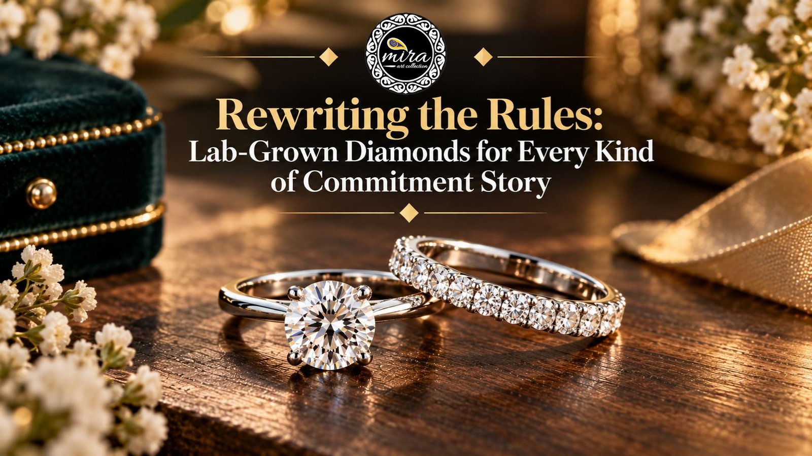 A solitaire lab-grown diamond engagement ring beside a diamond-set wedding band on a warm wooden surface, with a dark green velvet ring box, gold accents, and the Mira Art Collection logo, illustrating different commitment stories through lab-grown diamond jewellery.