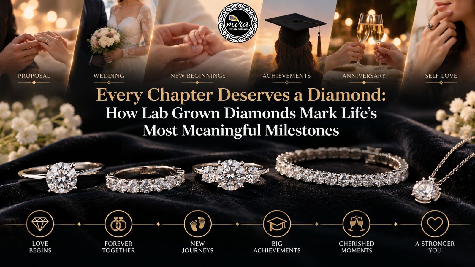Lab-grown diamond engagement rings, a diamond tennis bracelet, and a pendant displayed on black velvet beneath scenes representing proposals, weddings, new beginnings, achievements, anniversaries, and self-love, featured in Mira Art Collection’s guide to celebrating life’s meaningful milestones with diamonds.