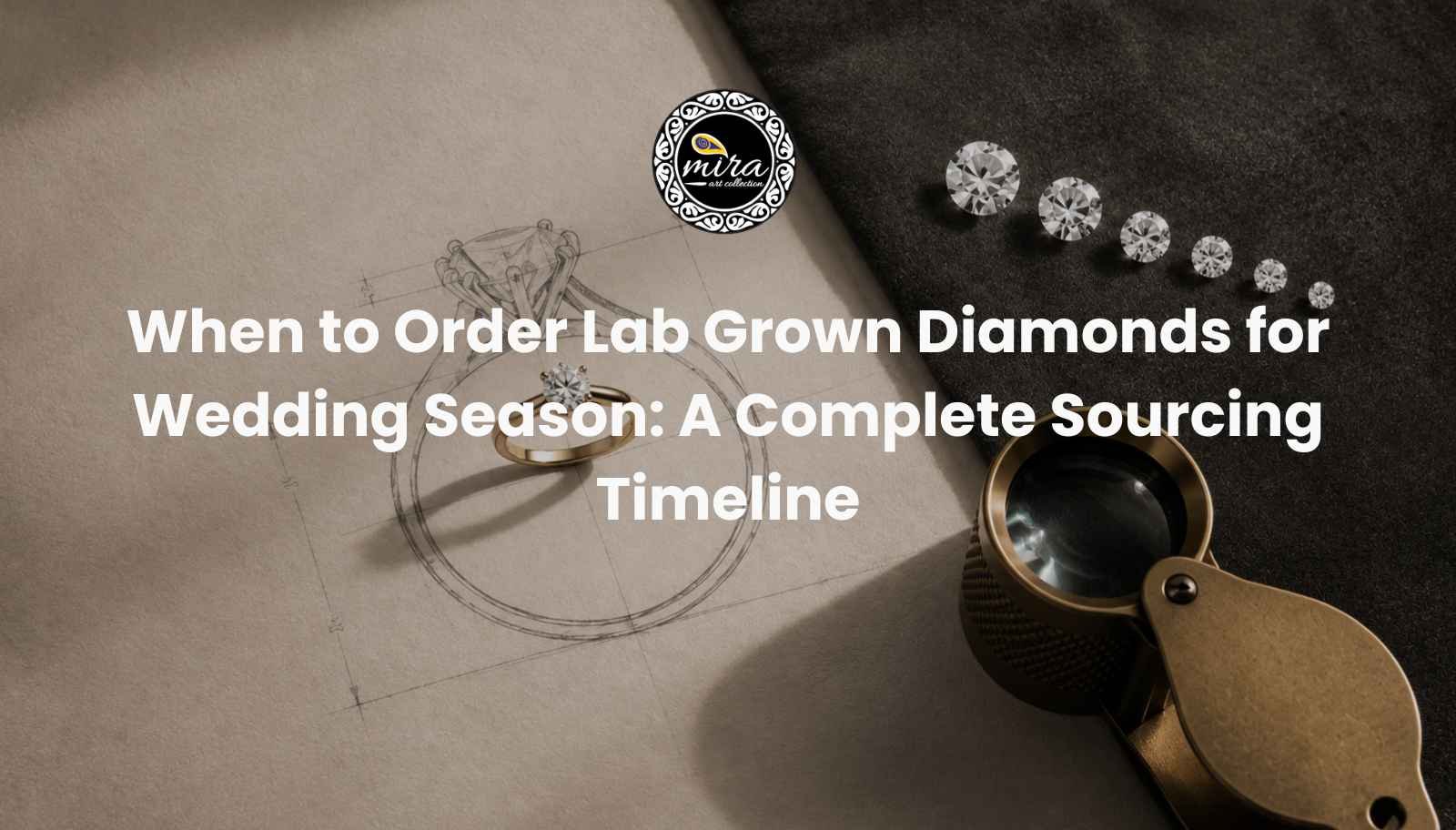 Lab grown diamonds for wedding season arranged beside an engagement ring sketch and jeweller's loupe