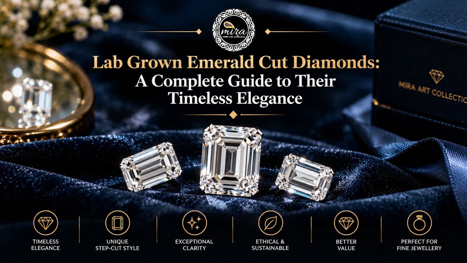 Three sparkling lab-grown emerald-cut diamonds displayed on dark navy velvet beside a luxury Mira Art Collection jewellery box and gold accents, showcasing the elegant step-cut style and timeless appeal of emerald-cut diamonds by Mira Art Collection