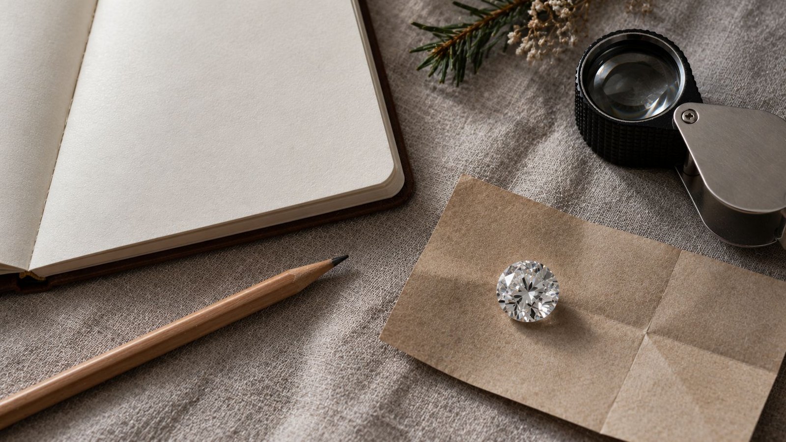 Loose round diamond, loupe and blank notebook representing tips for buying a lab grown engagement ring by miraartcollection.