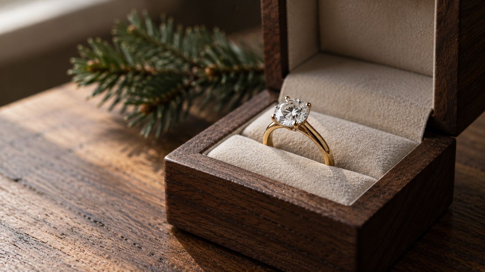 Gold solitaire lab grown engagement ring in a walnut box with pine sprig for the holiday season by miraartcollection.