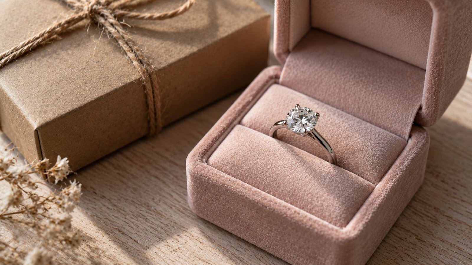 Platinum solitaire lab grown engagement ring in a velvet box beside a shipping parcel by miraartcollection.