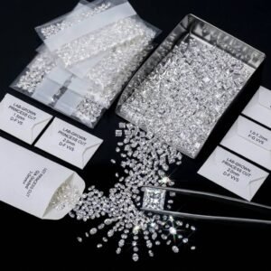 VVS clarity D to F color lab grown princess cut diamond lots in labeled sorted packaging.