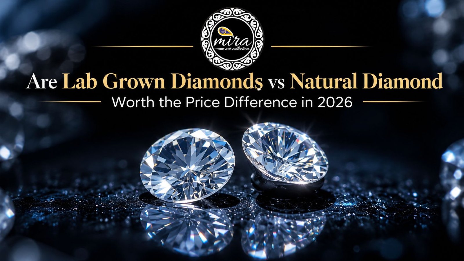 Two sparkling loose diamonds on a reflective black surface illustrating the price difference between lab-grown and natural diamonds in 2026, by Mira Art Collection.