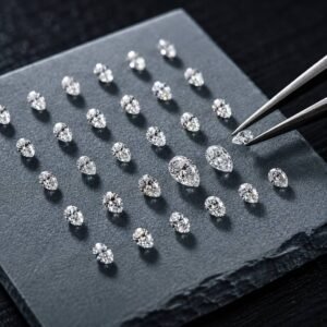 A collection of small, high quality loose pear shaped diamonds meticulously arranged on a dark stone slate with jewelry tweezers.