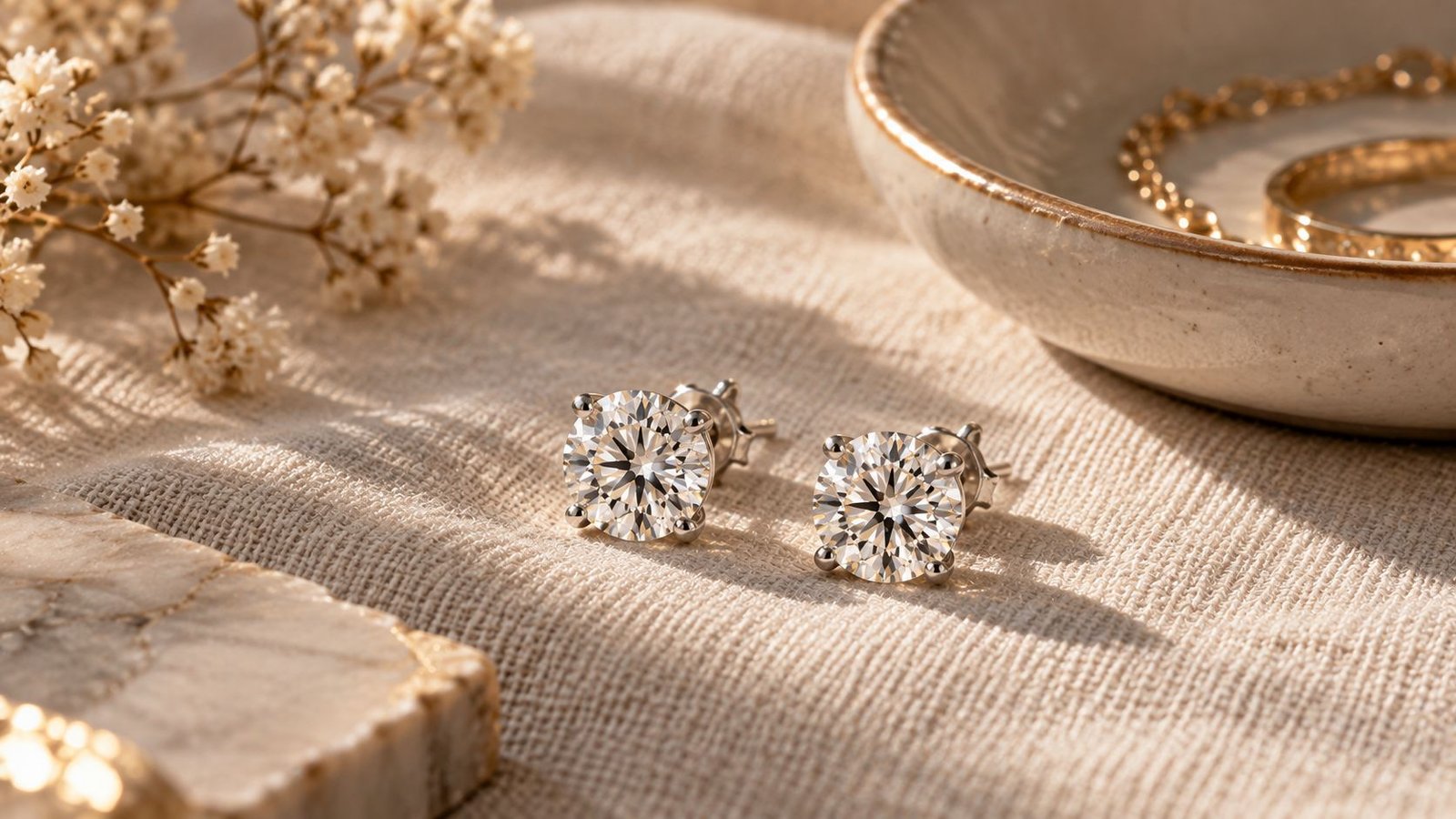 Finished pair of matched diamond stud earrings styled for everyday wear