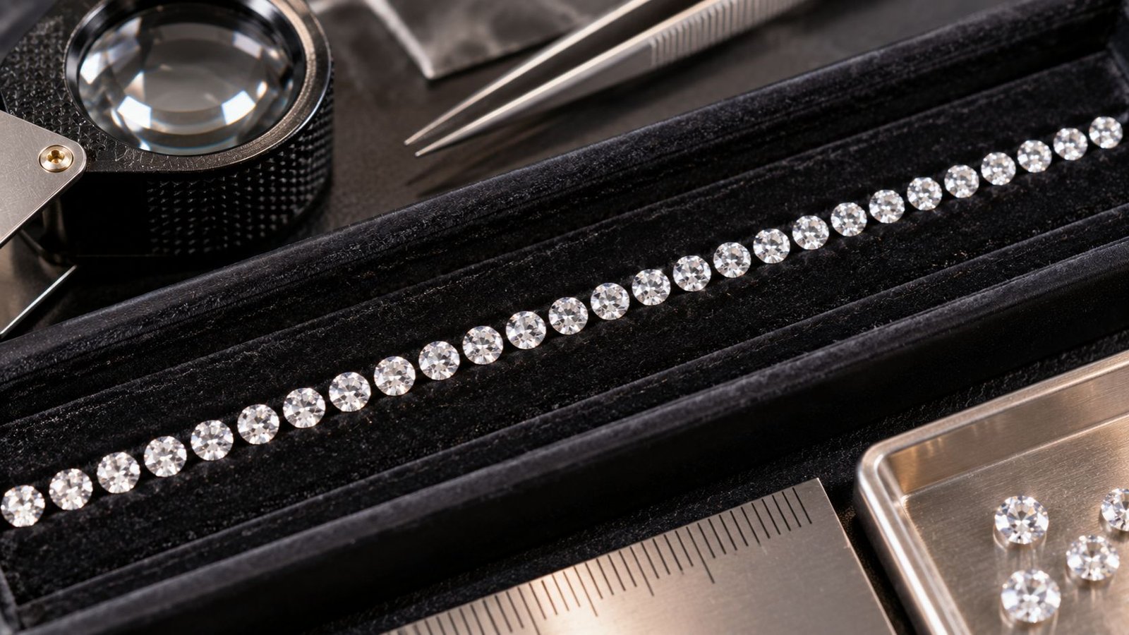 Matched melee diamonds arranged for tennis jewelry production