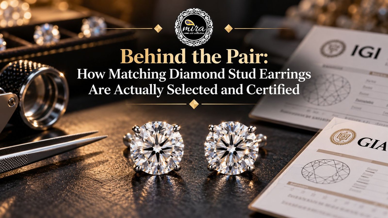 Two matching round diamond stud earrings displayed side by side on a dark surface beside diamond grading reports, a jeweler’s loupe, and tweezers, with the Mira Art Collection logo above, illustrating how diamond studs are selected and certified.