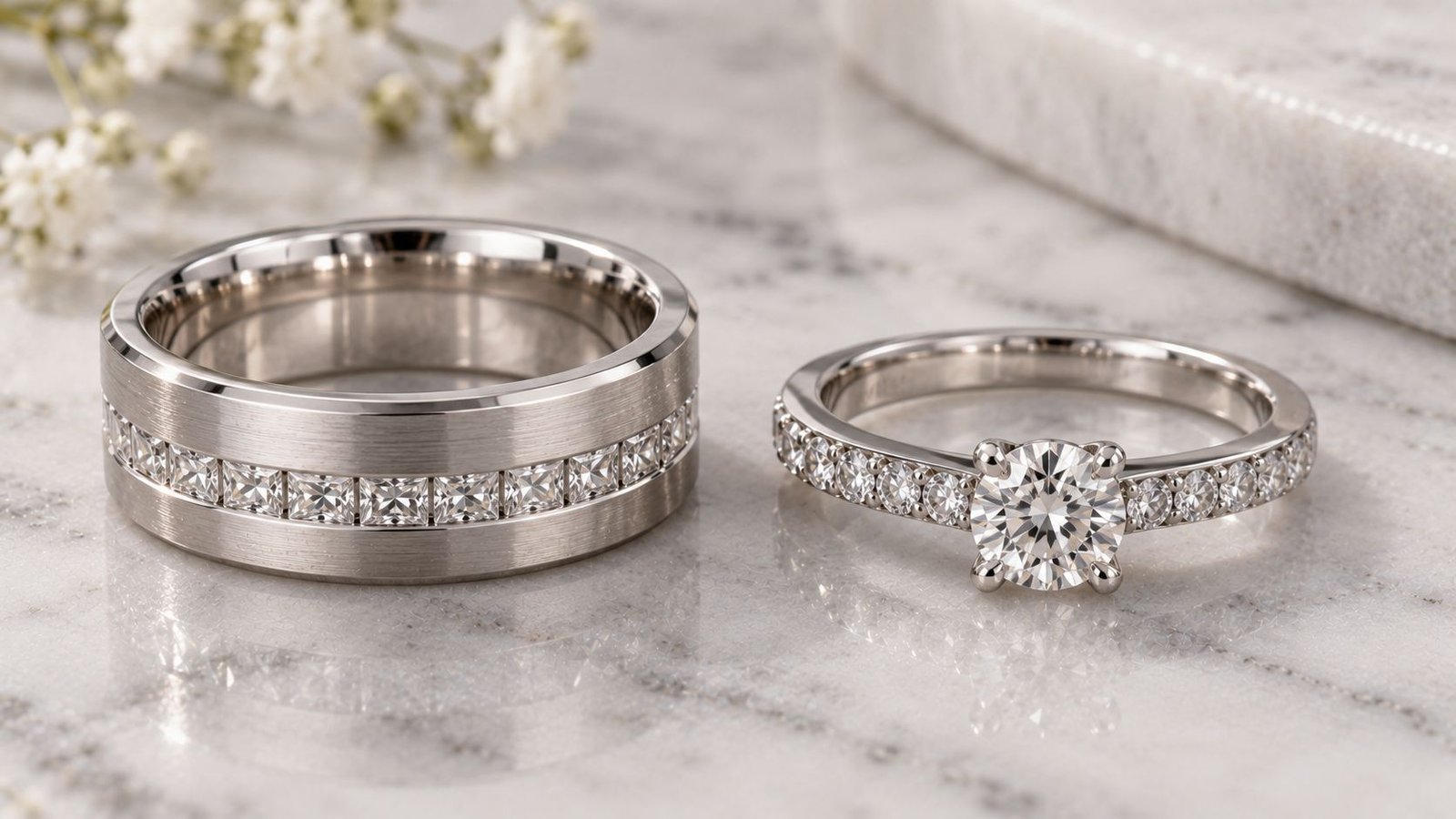 Matching his-and-hers diamond wedding ring set in white gold