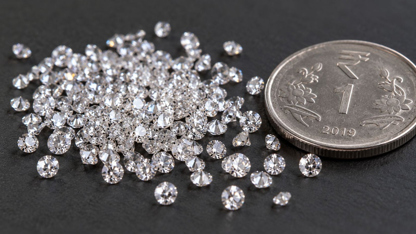 Tiny melee diamonds placed beside a coin to show their small size