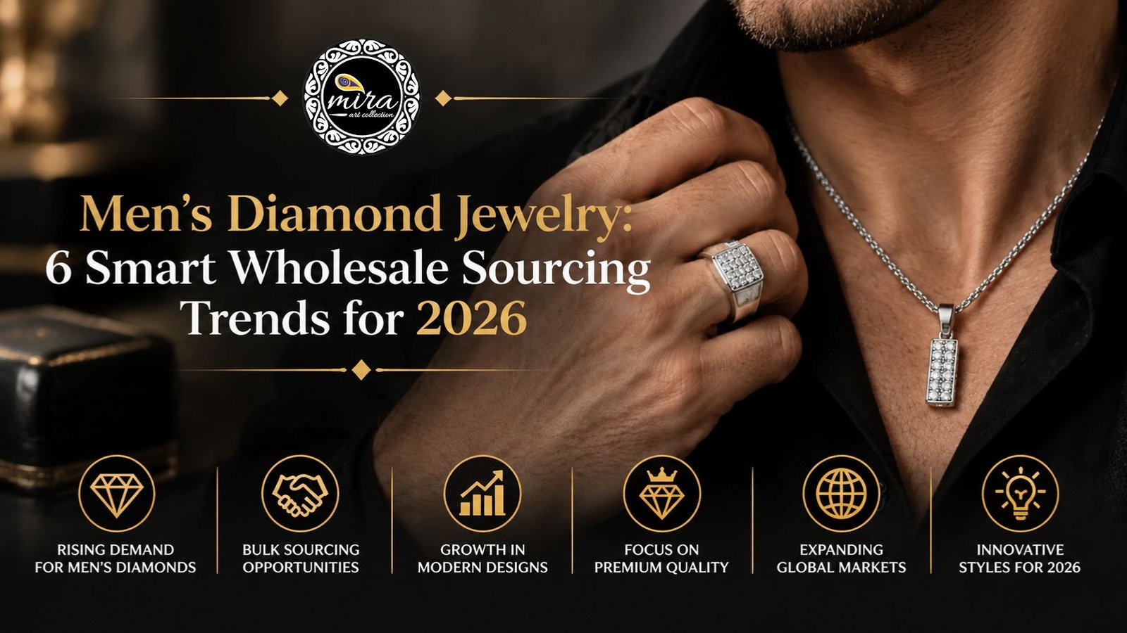 A man wearing a diamond pavé ring and a rectangular diamond pendant over a black shirt, with the Mira Art Collection logo and six gold icons representing men’s jewelry demand, wholesale suppliers, pricing, modern designs, ethical sourcing, and global markets in 2026, by miraartcollection.