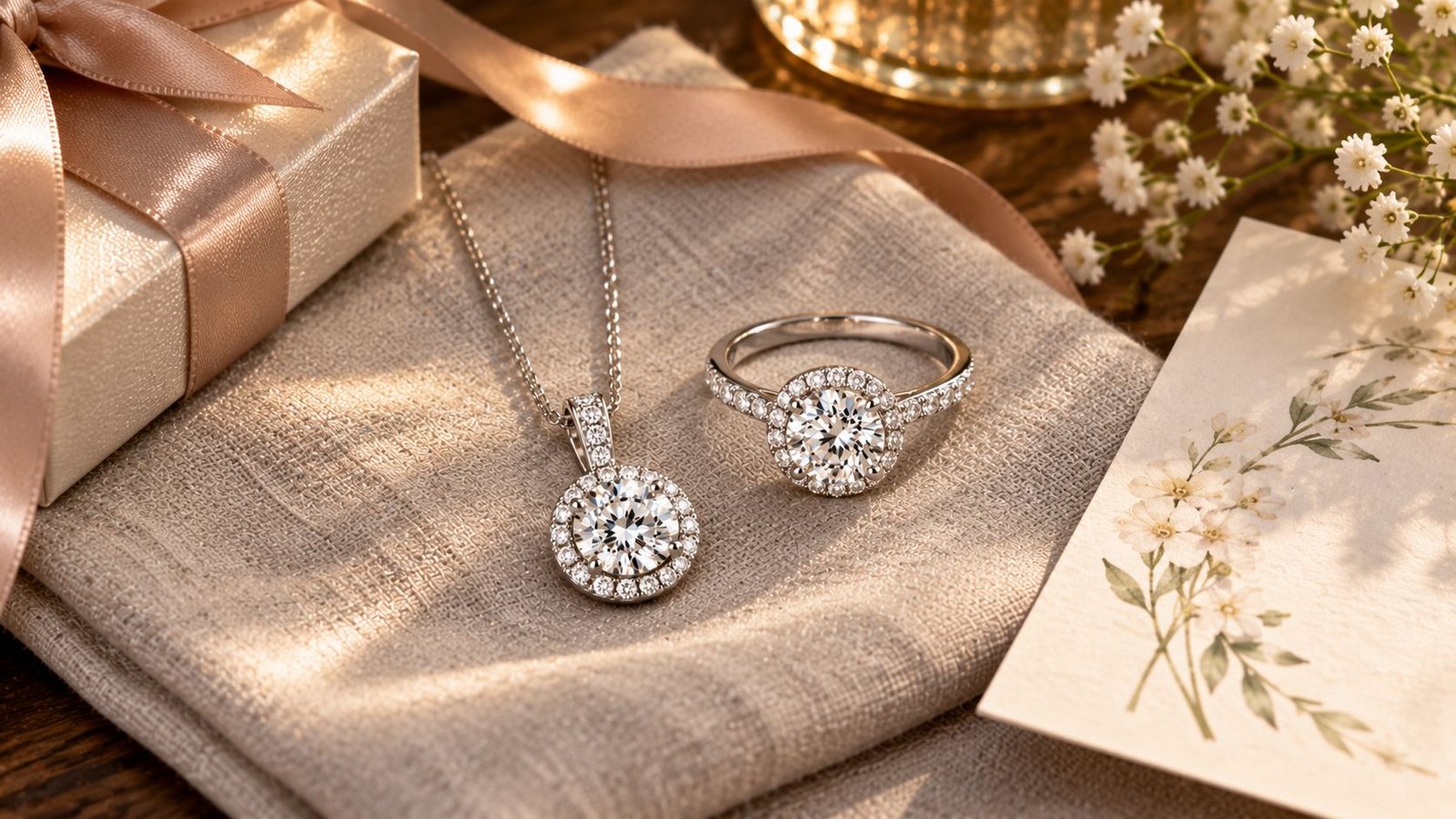 Styled flat-lay of lab-grown diamond milestone gift jewelry
