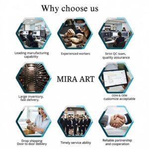 Mira Art custom jewelry manufacturing capabilities, strict QC team, large inventory, and drop shipping services infographic.