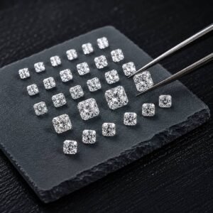 Square radiant cut loose diamonds in different millimeter sizes arranged neatly on a black stone tray with jewelry tweezers.