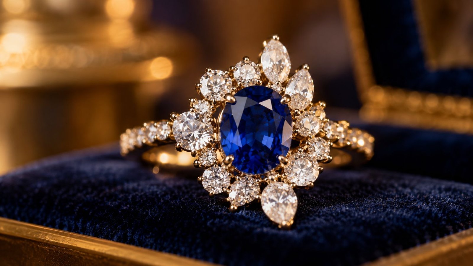 Mixed gemstone cluster ring combining a sapphire centerpiece with diamond accents