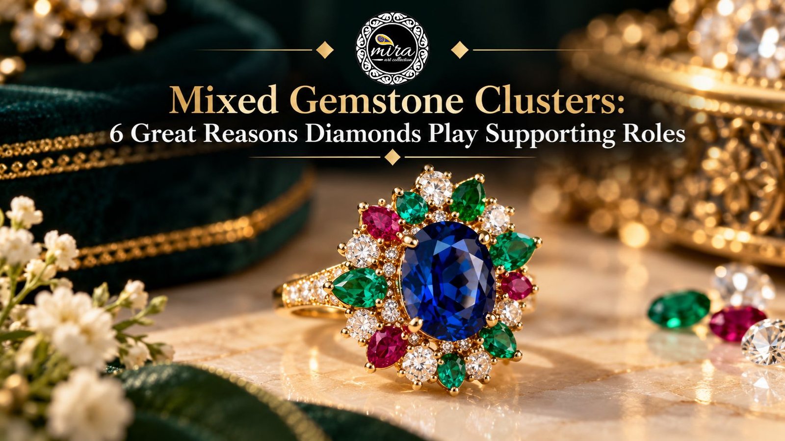 A yellow-gold gemstone cluster ring featuring a deep blue center stone, green and pink gemstones, and a halo of sparkling diamonds, styled in a luxurious setting for Mira Art Collection’s guide to mixed gemstone clusters and the supporting role of diamonds.
