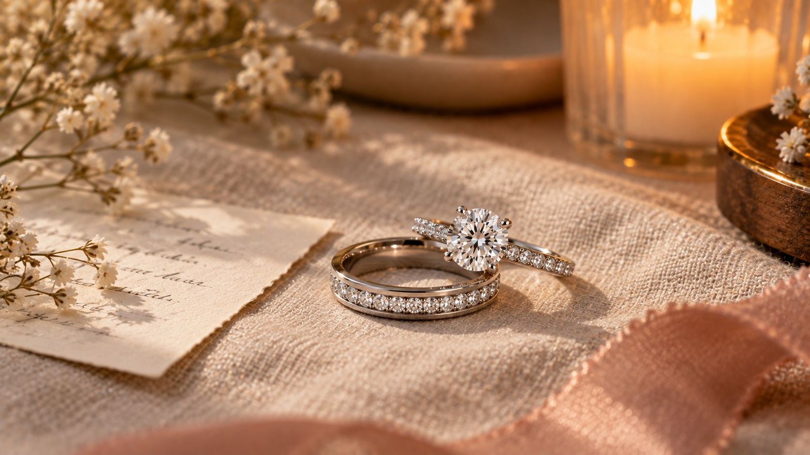 Styled flat-lay of coordinated lab-grown diamond rings for a modern commitment