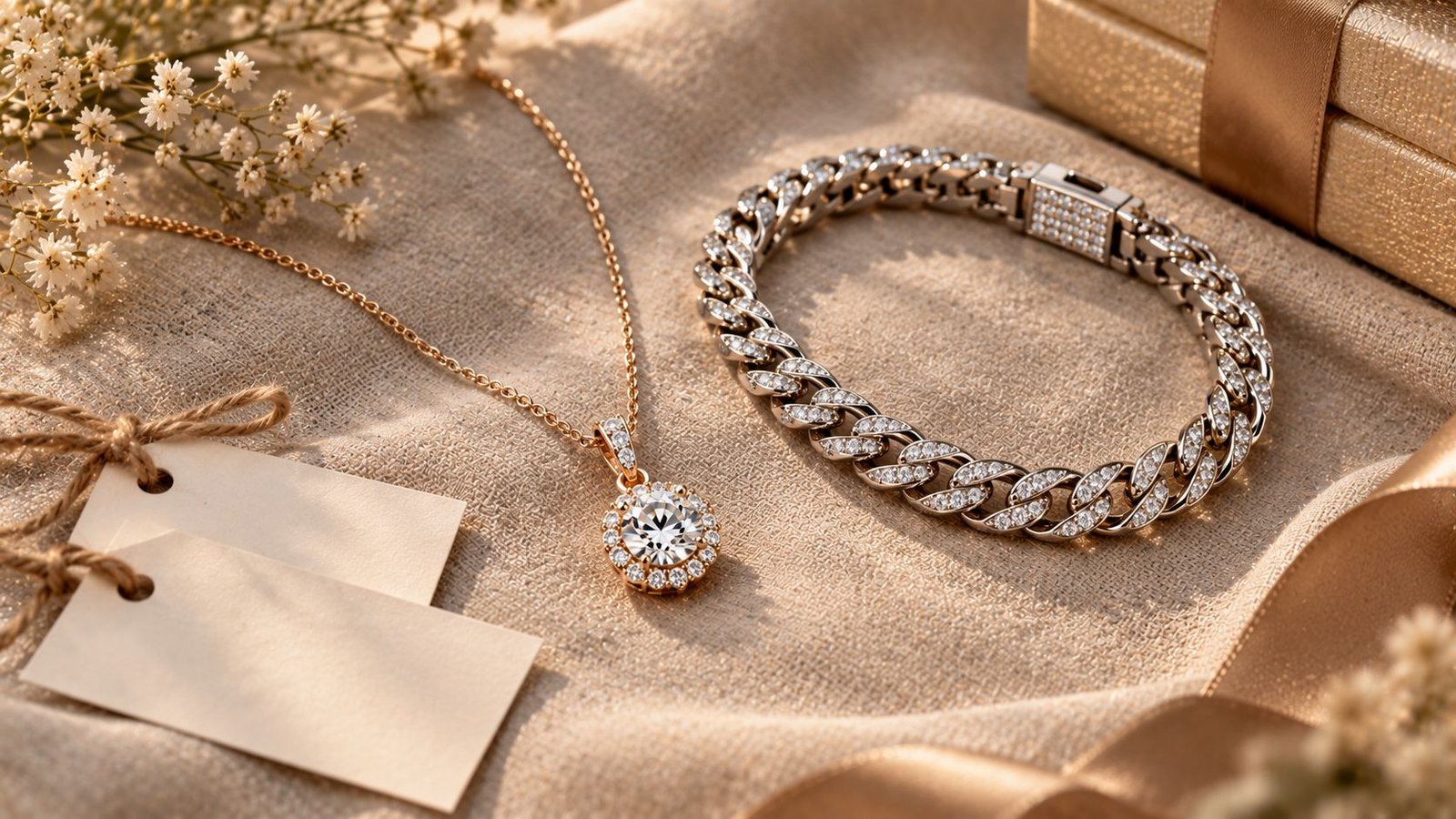 Styled flat-lay of Mother's Day and Father's Day diamond jewelry gifts