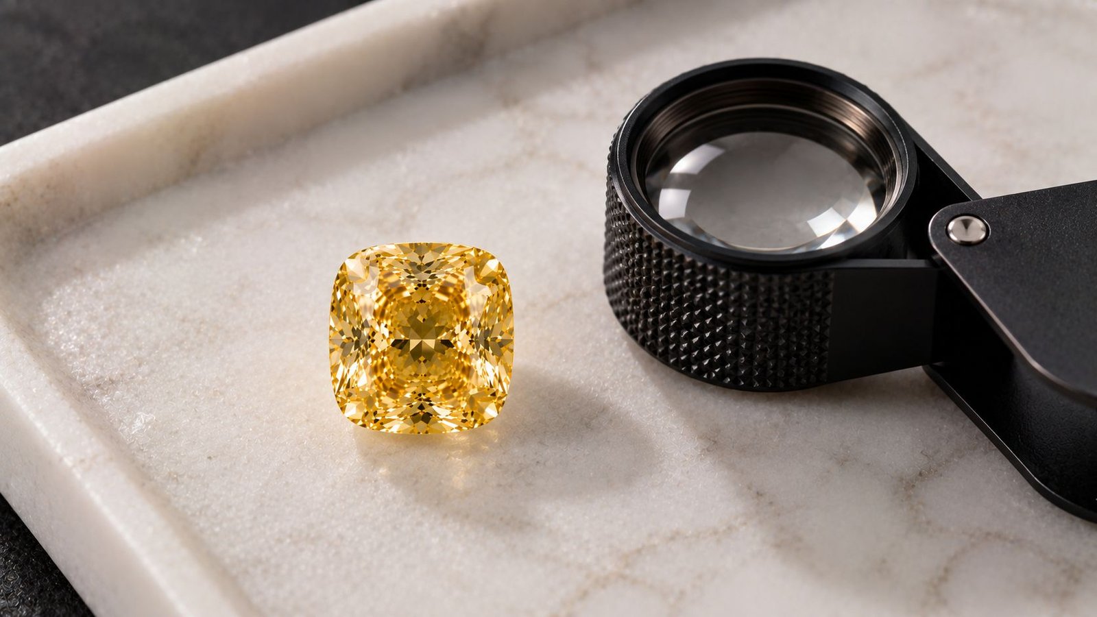 Loose fancy yellow diamond beside a jeweler's loupe for grading and certification