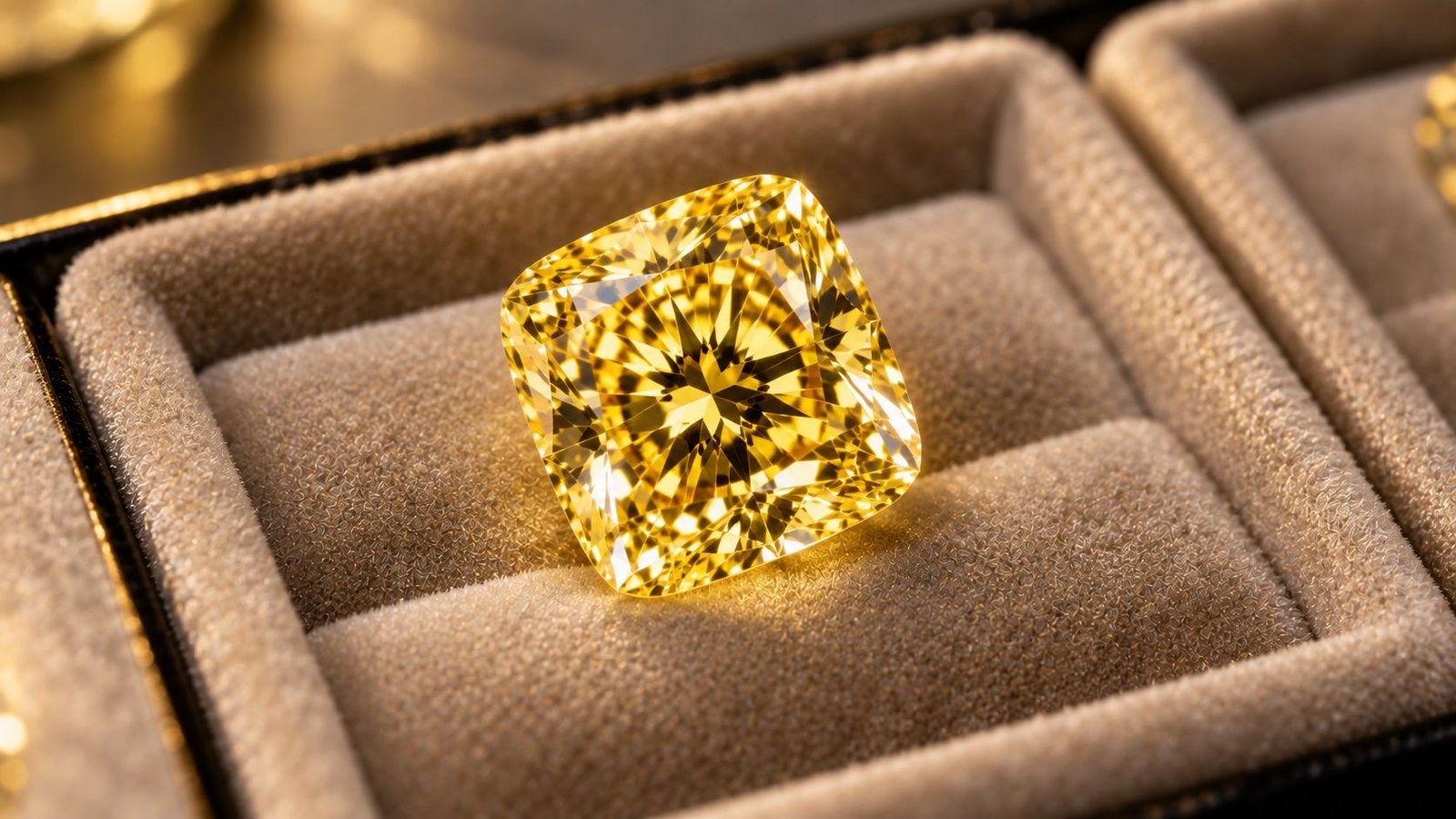 Natural fancy yellow diamond displayed in velvet tray