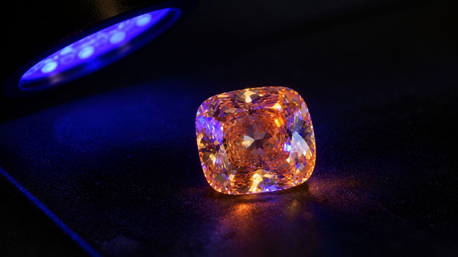 Close-up of orange fluorescence reaction in a fancy color diamond