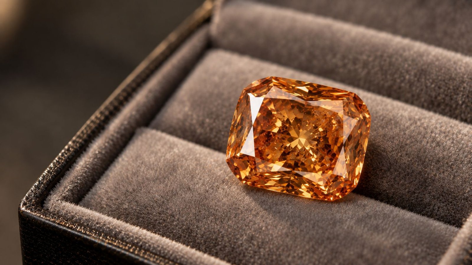 Orange lab-grown diamond displayed in velvet tray