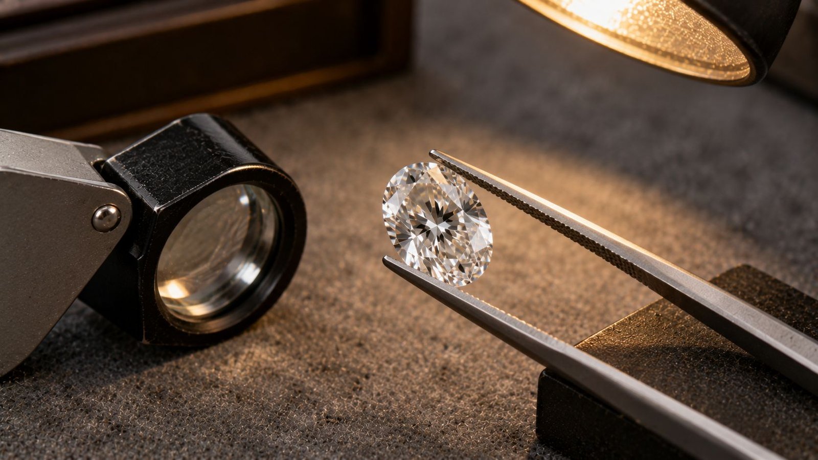 Oval lab grown diamond inspected under a lamp for inclusion types at miraartcollection.