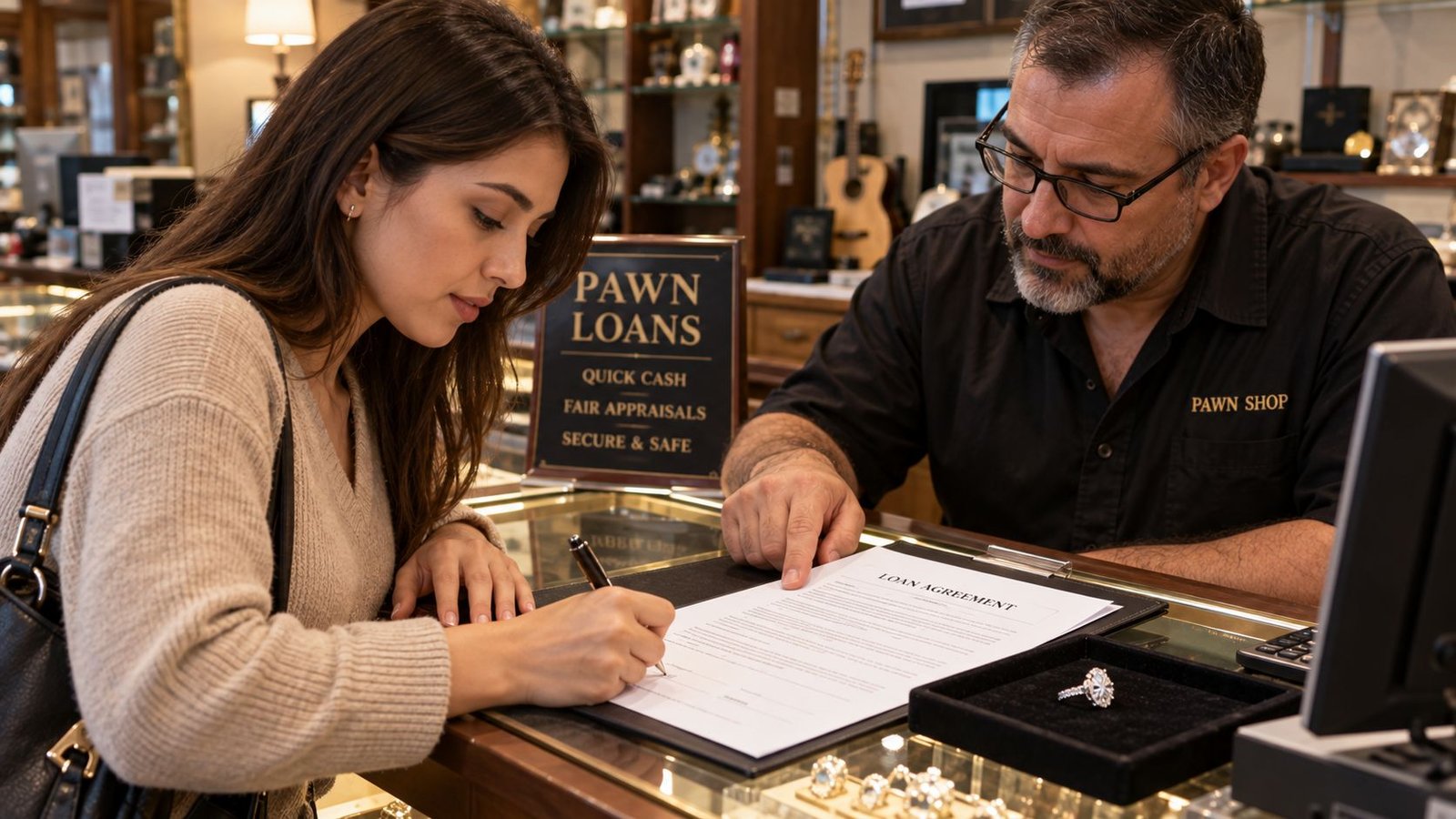 Customer reviewing loan terms before pawning a diamond