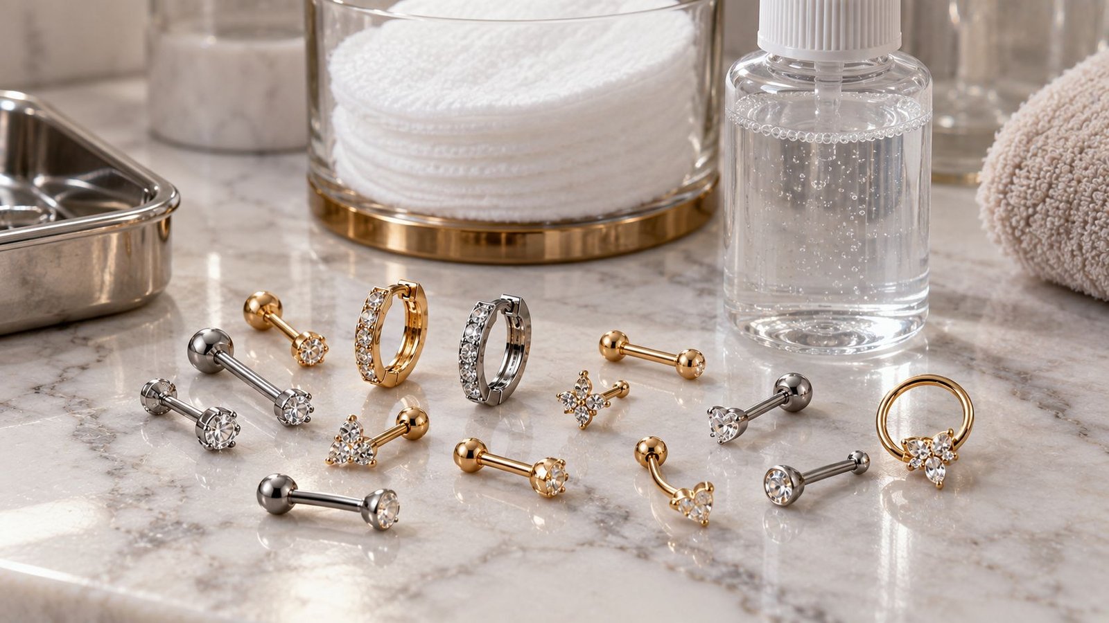 Biocompatible metal jewelry and aftercare essentials for multiple ear piercings