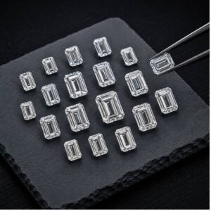 Collection of premium emerald cut lab grown diamonds displayed on black slate with gemstone tweezers – Mira Art Collection