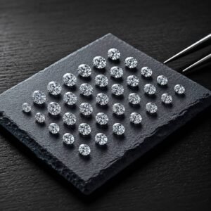 Premium oval cut loose lab grown diamonds arranged by size on black slate with precision tweezers – Mira Art Collection