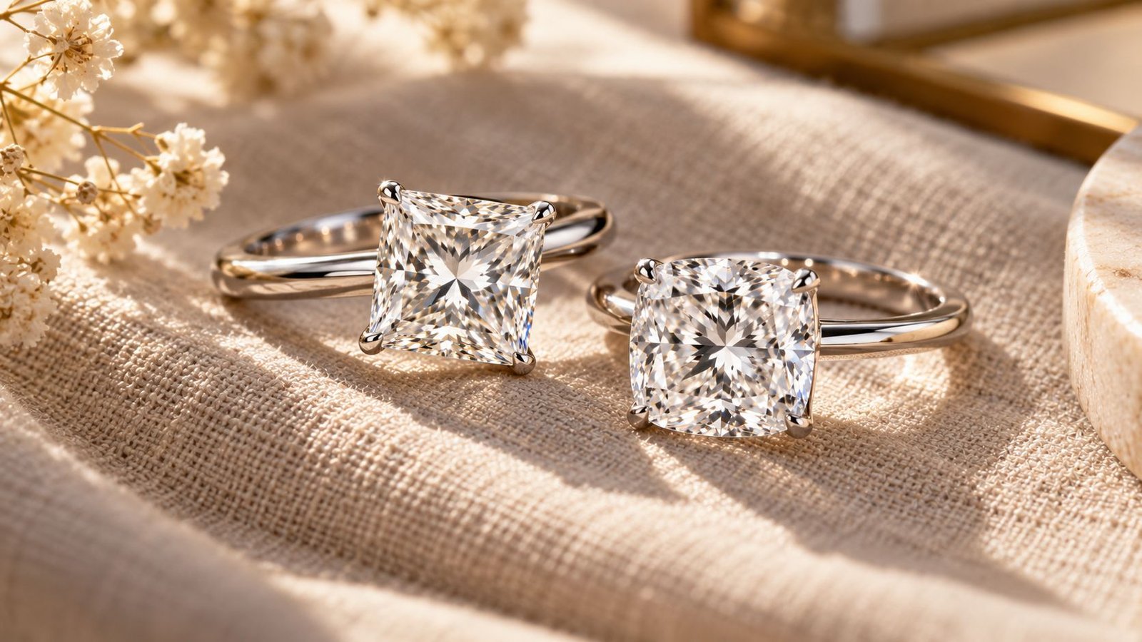 Princess cut and cushion cut diamond rings styled together