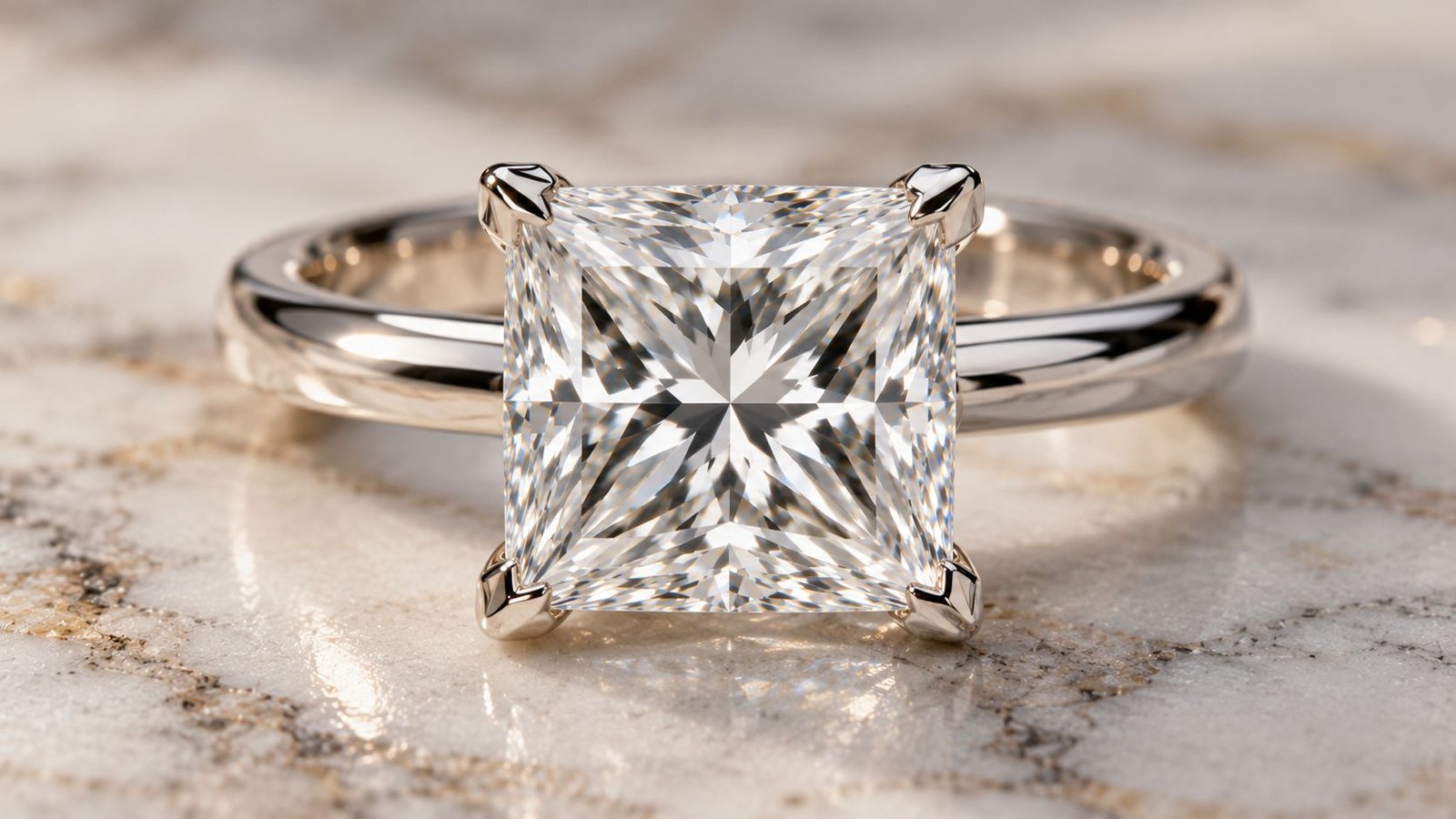 Princess cut diamond set with protective V-shaped prongs