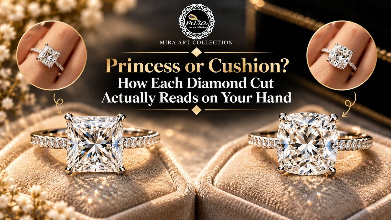 Mira Art Collection feature image comparing princess-cut and cushion-cut diamond rings, with close-up views of both styles on a hand and matching rings displayed on velvet cushions.