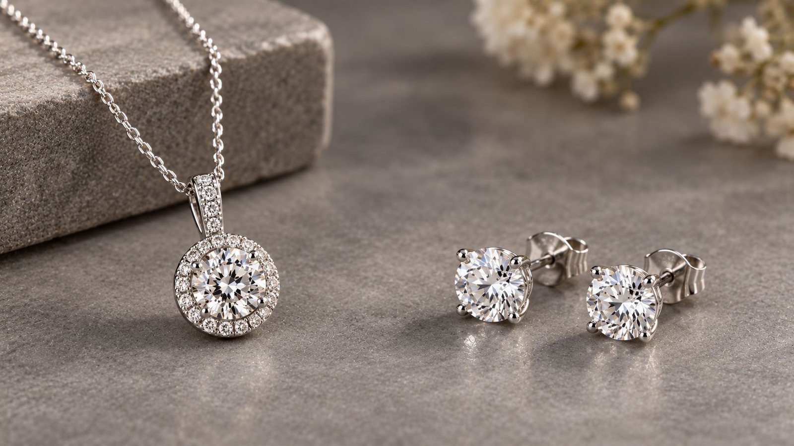 Understated diamond studs and pendant suited for a career milestone